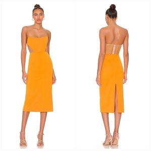 NEW Revolve NBD Strapless Corset Mesh Midi Dress Bright Orange Size Medium